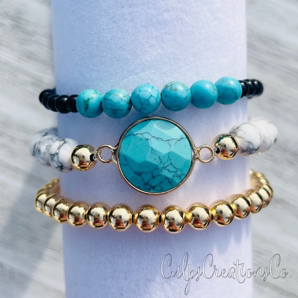 Hand crafted Turquoise black obsidian and natural howlite bracelet set